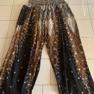 Women Harem Brown Feather Boho Hippie Pants- M